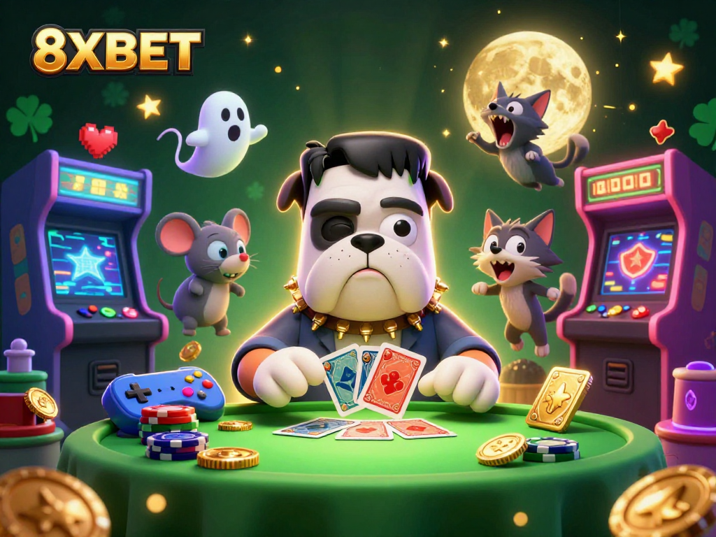 Experience thrilling 8XBET gaming with glowing characters and dynamic casino elements.