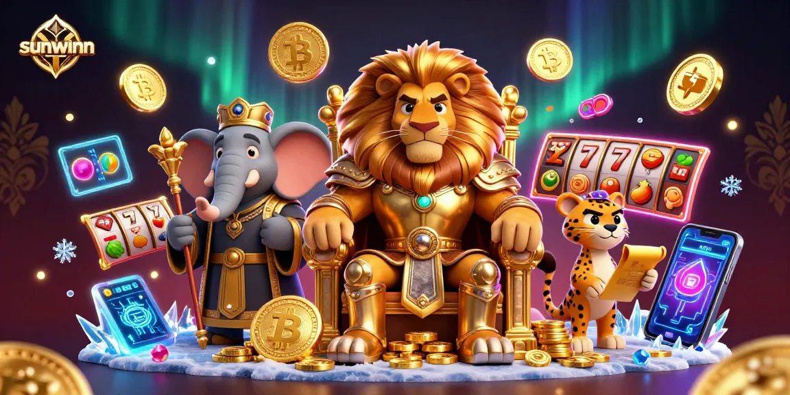 Experience the thrilling sunwinn casino with 3D cartoon characters amidst vibrant gambling symbols and crypto coins.
