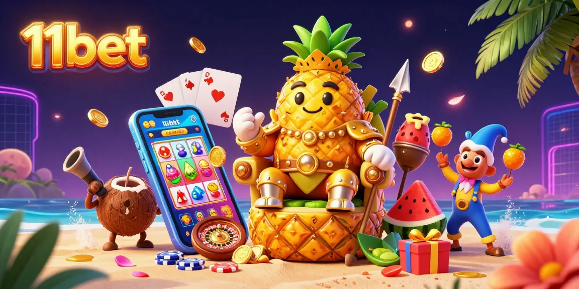 Engage with 11bet's dynamic beach casino scene featuring tropical characters and gambling elements.