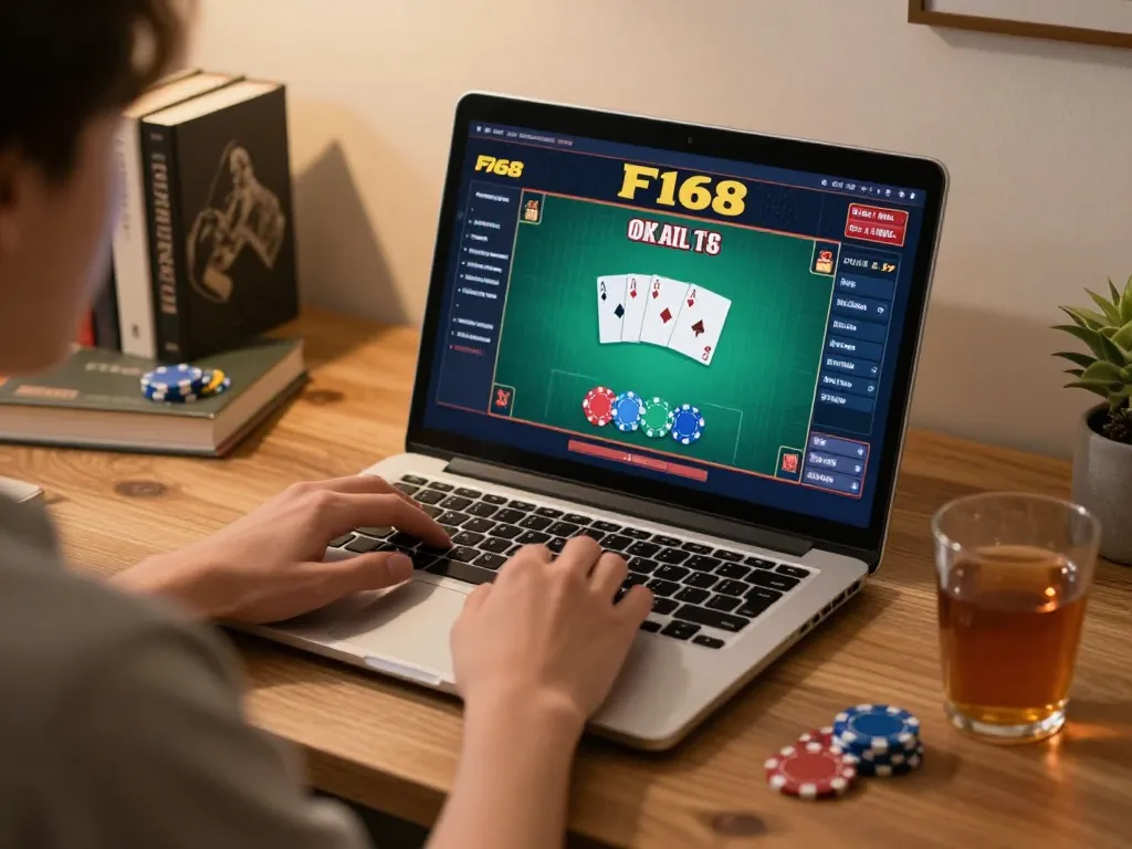 Player enjoying F168 online casino gaming on a laptop, showcasing poker action in a cozy setting.