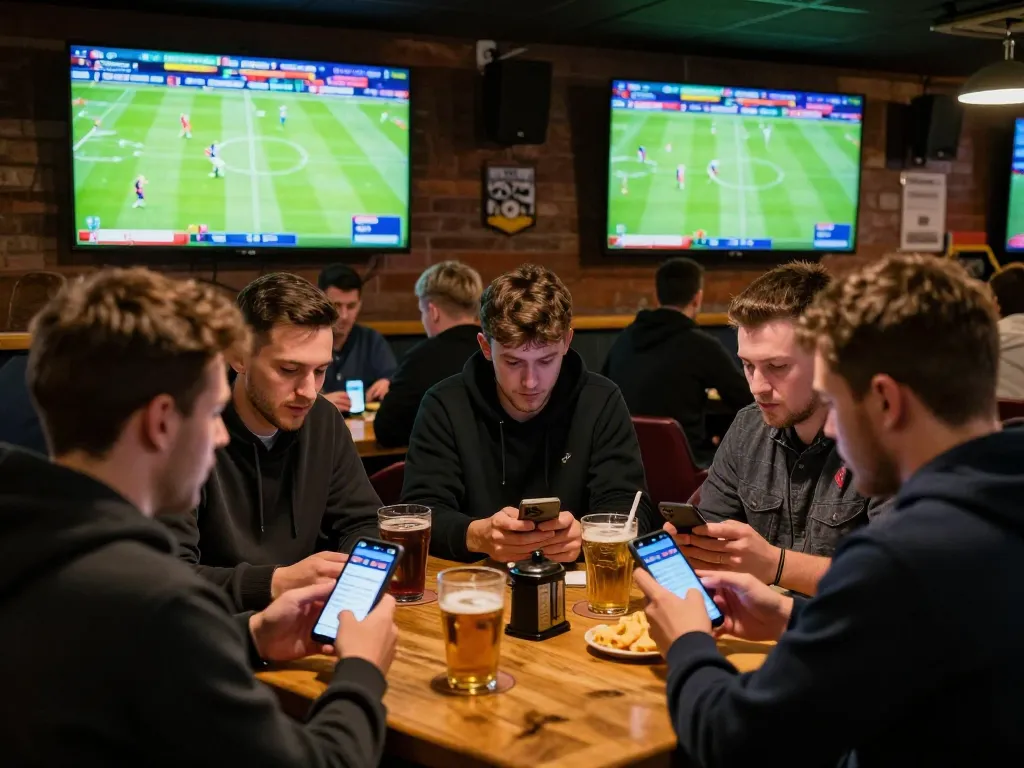 Enthusiastic bettors engaging with bongdalu ngoại hạng anh in a lively sports bar, showcasing exciting betting atmosphere.