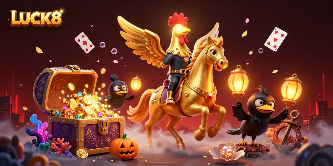 Experience LUCK8's golden rooster mascot in a vibrant casino scene filled with treasure and gaming elements.