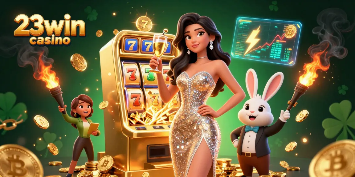 Bet big with 23win casino: A stunning 3D woman celebrating near a jackpot slot machine, immersed in excitement.