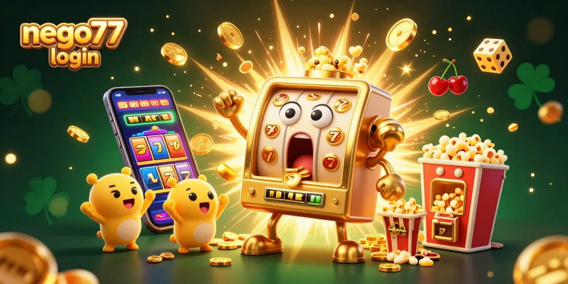 Celebrate with the nego77 login as the golden slot machine hits a jackpot, showering coins and cheers.