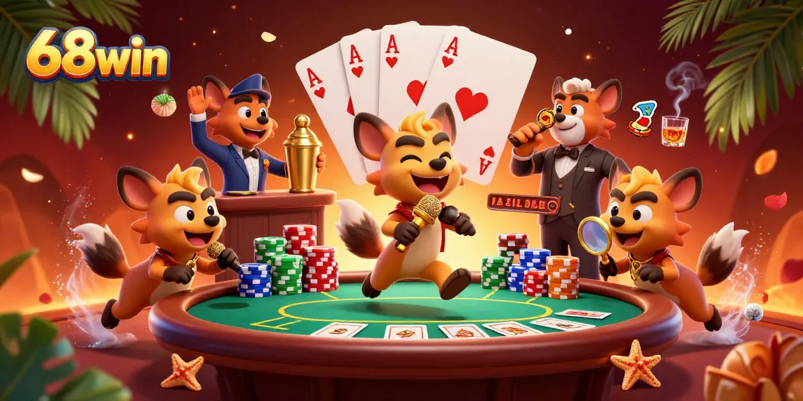 Join the laughter at 68win's vibrant comedy casino scene featuring hyenas in action.