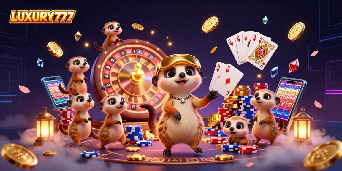 Bermain LUXURY777 sambil mengumpulkan koin emas dan batu permata yang bersinar di kasino yang dikelola meerkat.