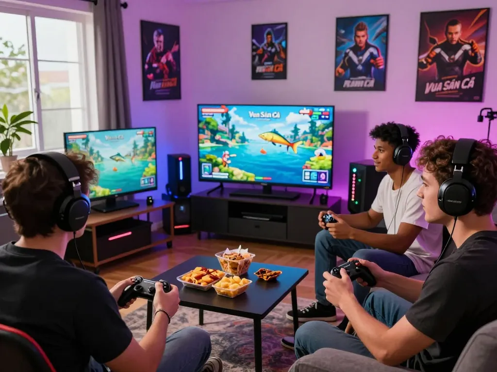Exciting gaming moment in a vibrant setting with friends playing CWIN's Vua Săn Cá.