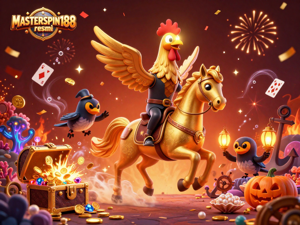 Experience the excitement of MASTERSPIN188 resmi amid a lively casino scene with golden treasures and vibrant energy.