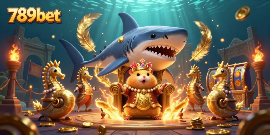 Engage with 789bet's thrilling slots scene featuring a golden hamster king in a dynamic casino setting.