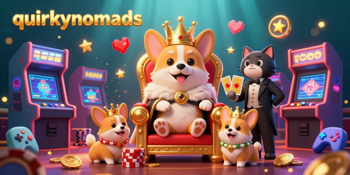 Experience the vibrant world of quirkynomads as a royal corgi rules the gaming scene with arcade charm.