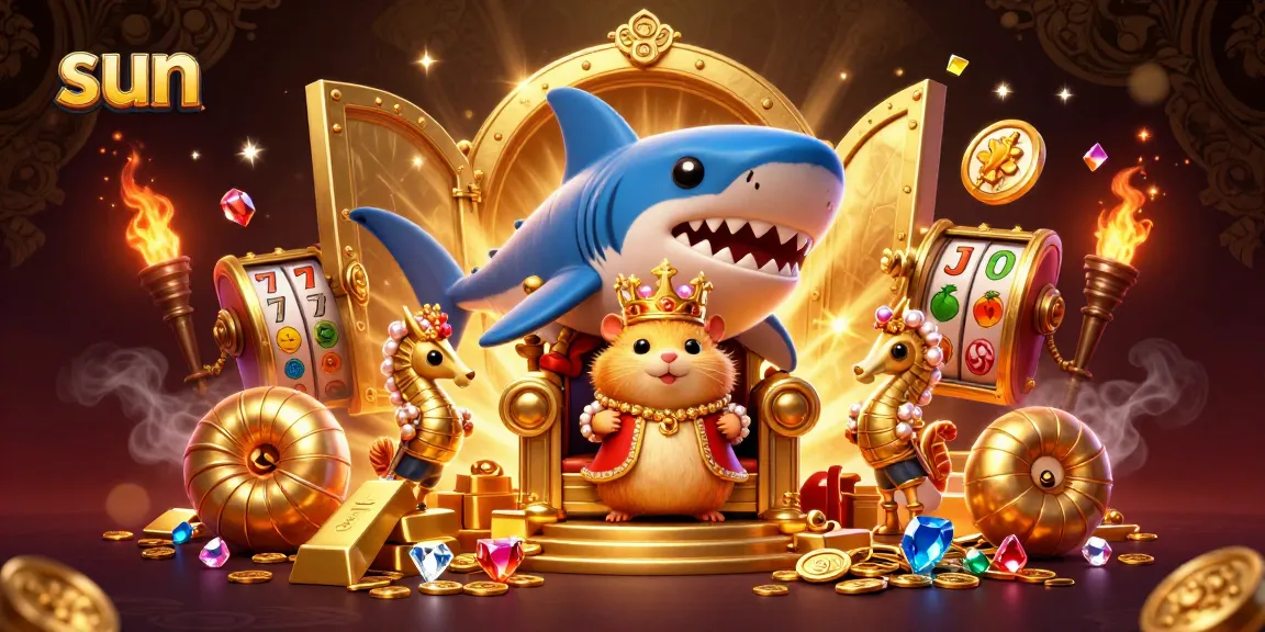 Experience thrill at sun-themed casino with dynamic megalodon throne, treasures, and vibrant slot symbols.