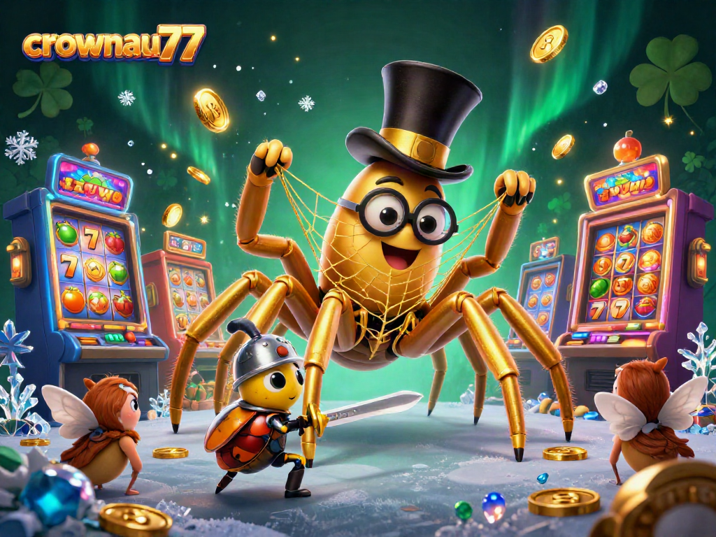 Spin the reels at crownau77 with a golden tarantula and charming characters in motion.