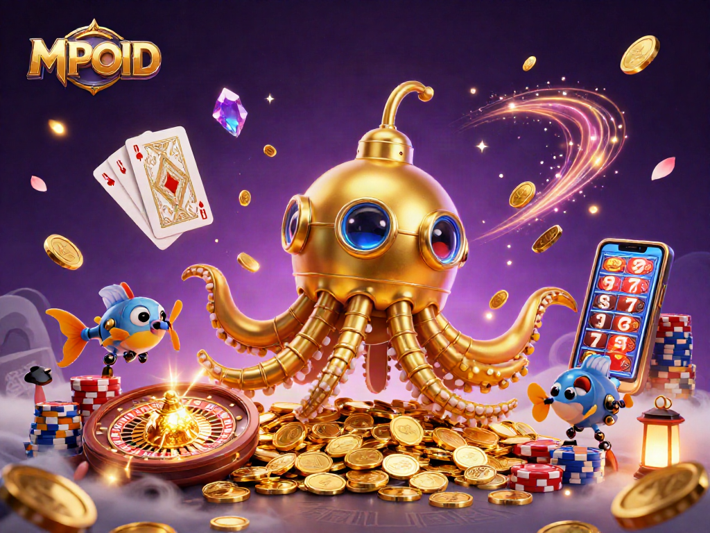 MPOID captivates with a vibrant 3D animation of a kraken submarine amidst flying golden coins and casino elements.