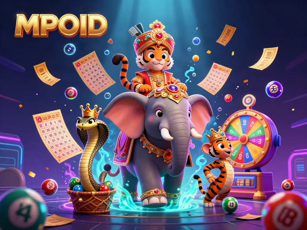 MPOID gaming illustration featuring an elaborate maharaja, elephant, and cobra amidst vibrant lottery elements.