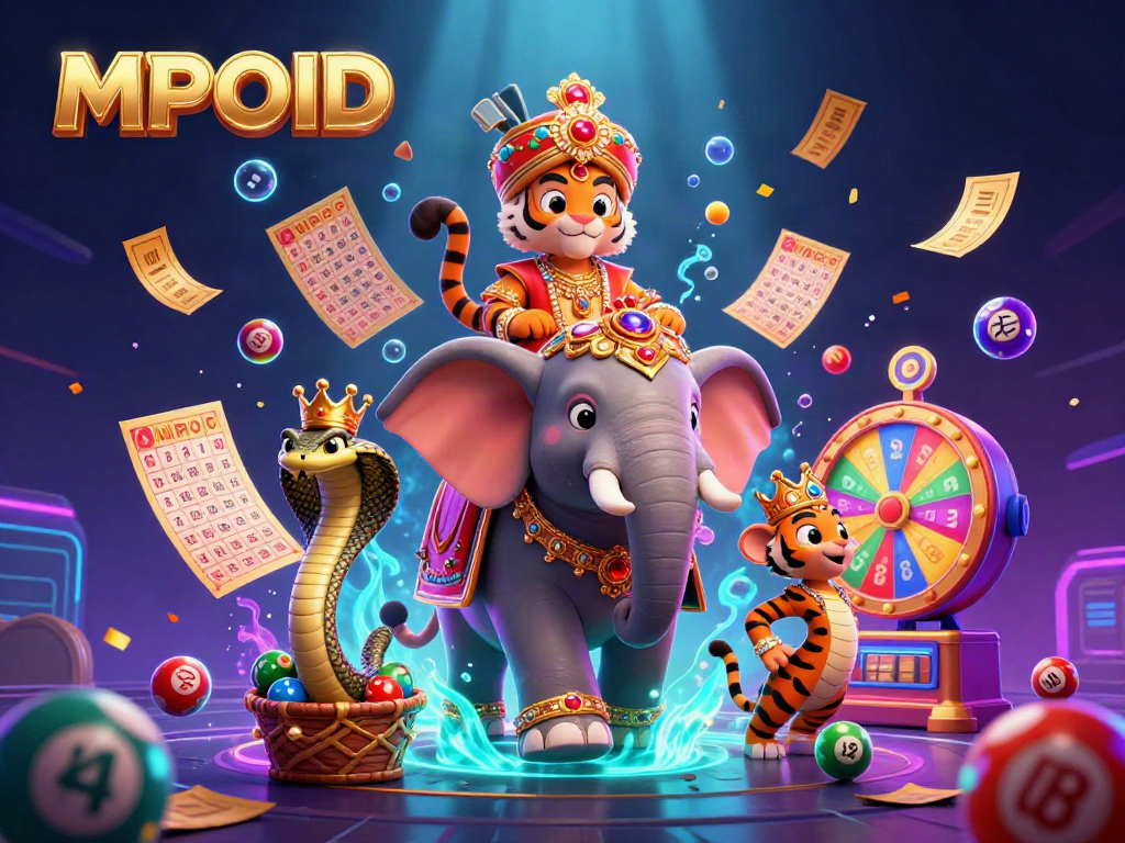 MPOID gaming illustration featuring an elaborate maharaja, elephant, and cobra amidst vibrant lottery elements.