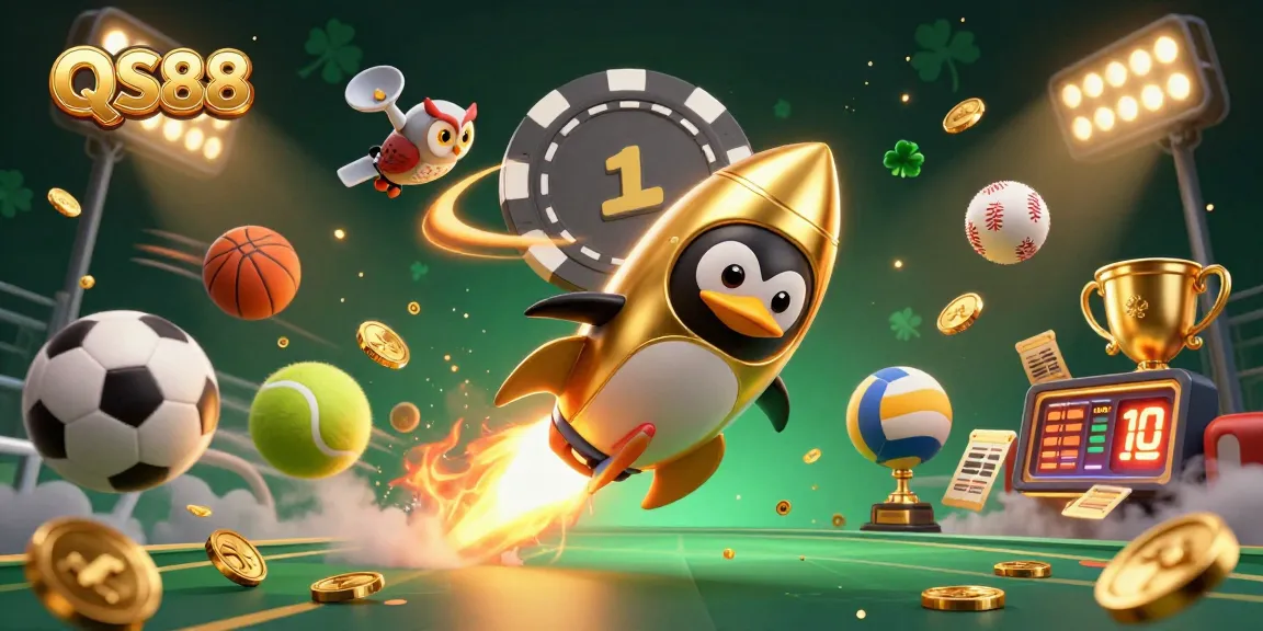 RS88 penguin rushes to a casino space station filled with gold coins and sports elements.