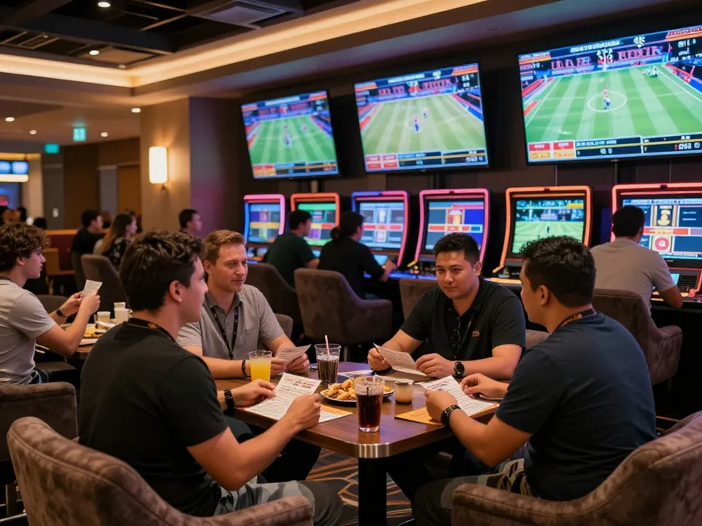 A group at the sports betting area analyzing odds to make informed bets at 789 club.