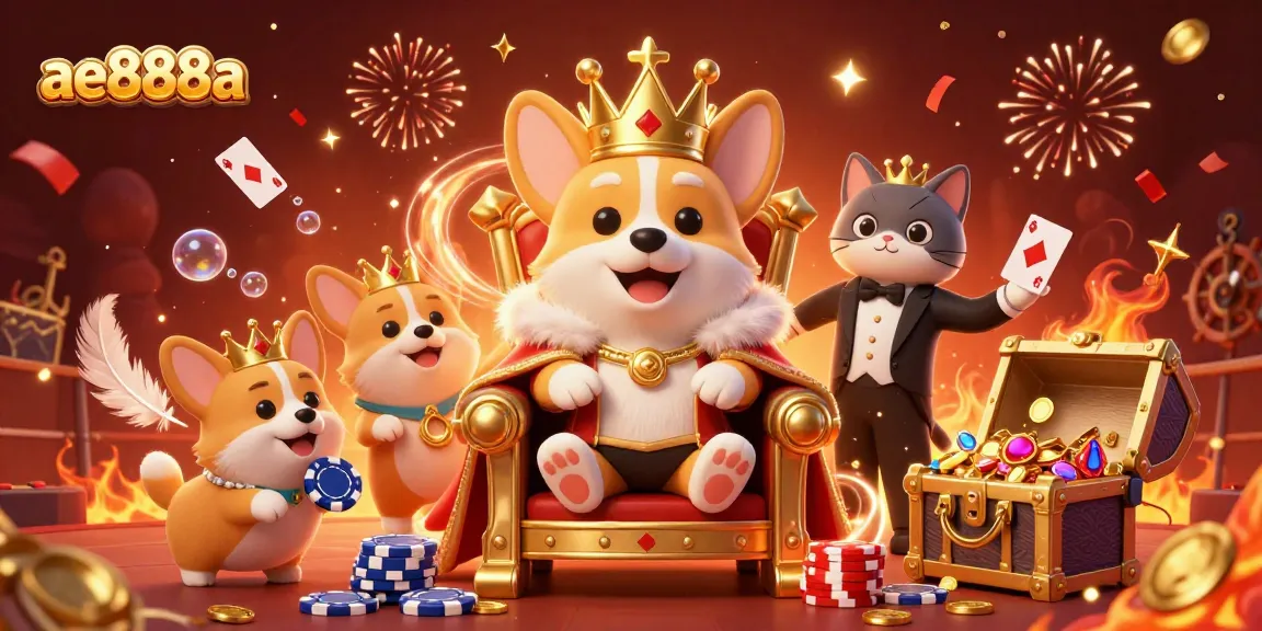 Experience thrilling cockfighting action with ae888a's vibrant, animated scene featuring royal characters and casino elements.