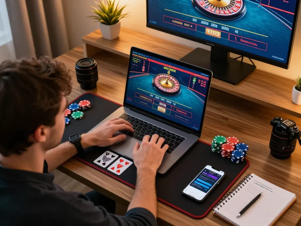 Engaged player analyzing strategies on Freecuci365 while enjoying a live casino experience