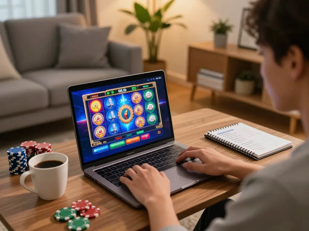Player engaging in exciting 789f online slots gaming in cozy home setup.