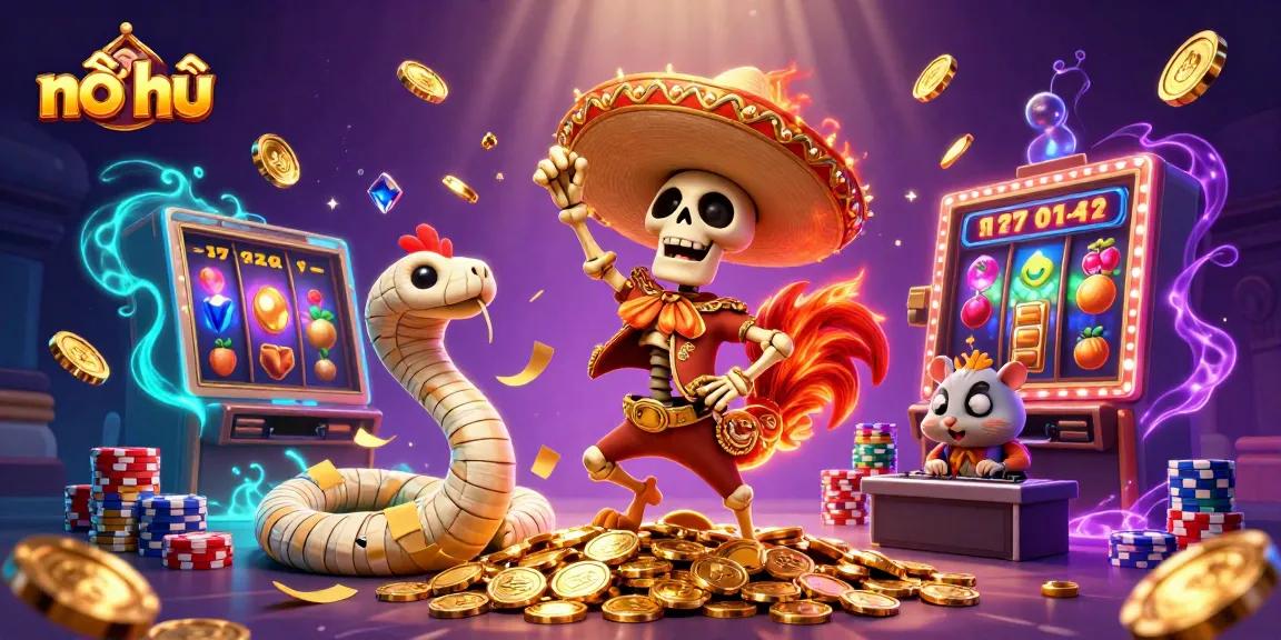 nổ hũ unlocks thrills in this vibrant 3D casino scene with skeletons, jackpot reels, and gems