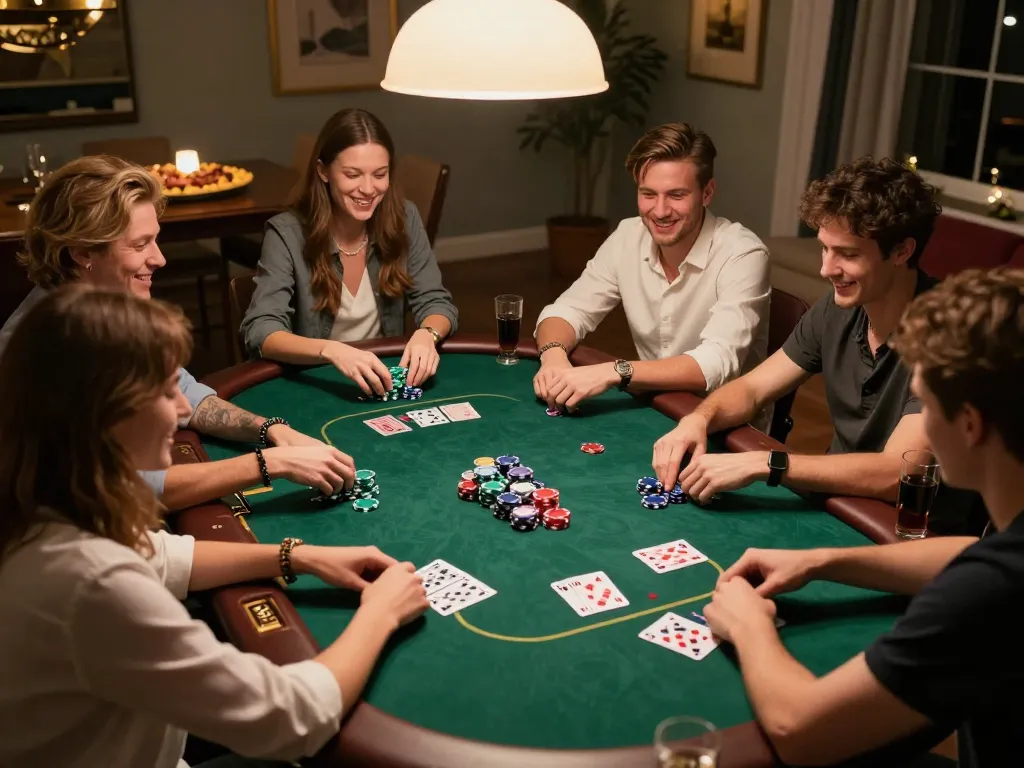 Players enjoying a lively poker game at home, showcasing the engaging atmosphere of rikvip's online gaming community.