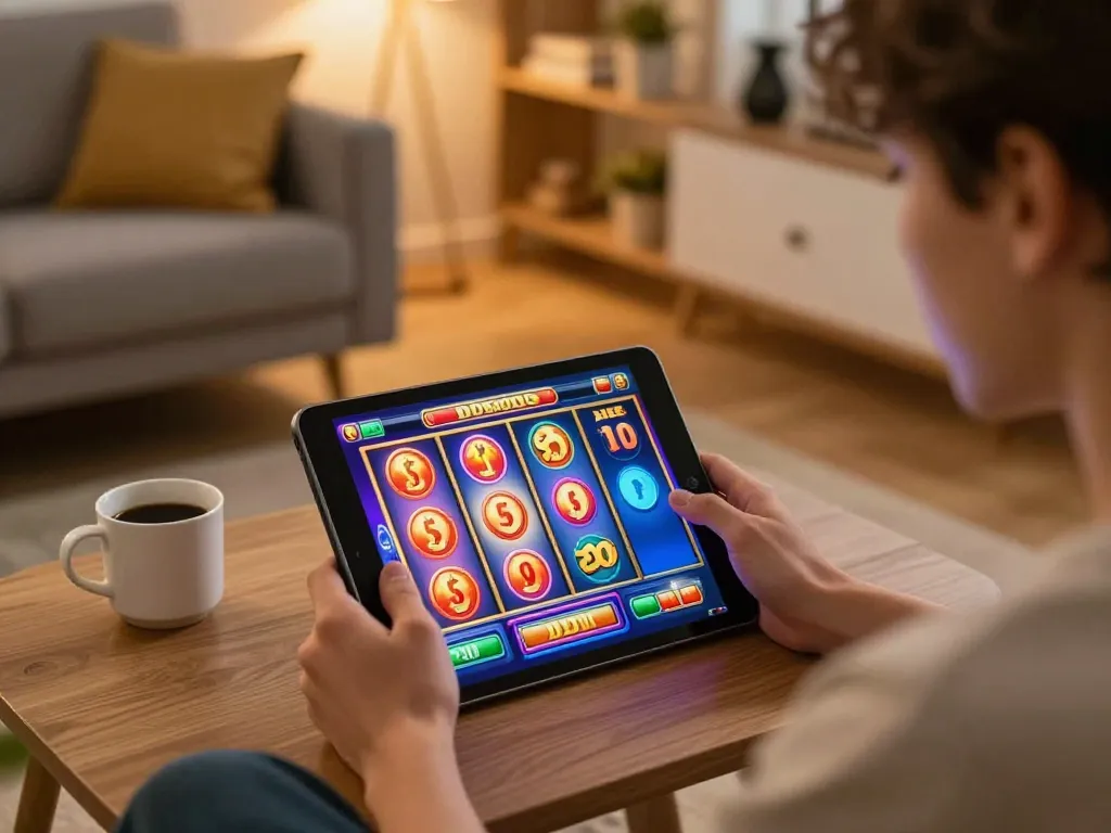 Player enjoying a thrilling slot game on a tablet at home with exciting spins visible on screen.