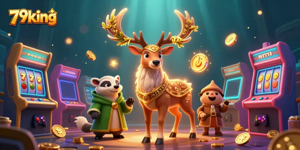 Engage with 79king's bustling casino scene featuring vibrant 3D elements and characters.