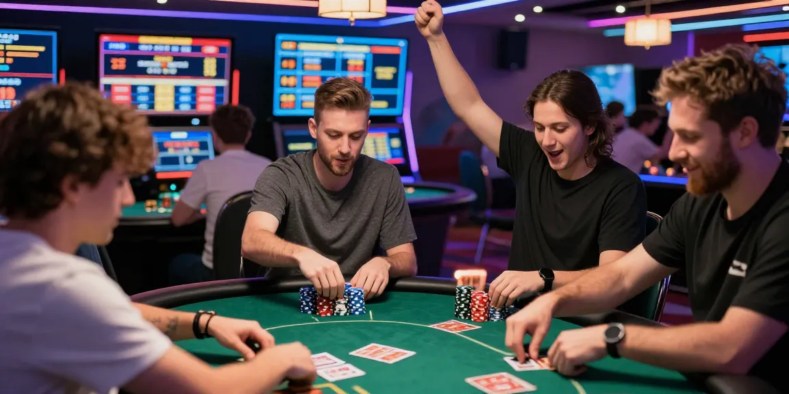 LUCK8 online casino scene with friends playing poker in a vibrant setting filled with excitement and energy