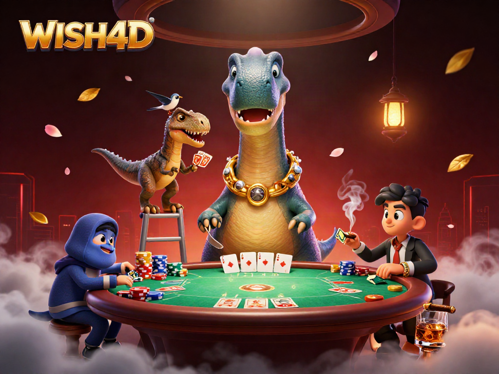 WISH4D showcases a dynamic casino scene with characters and poker elements in action.