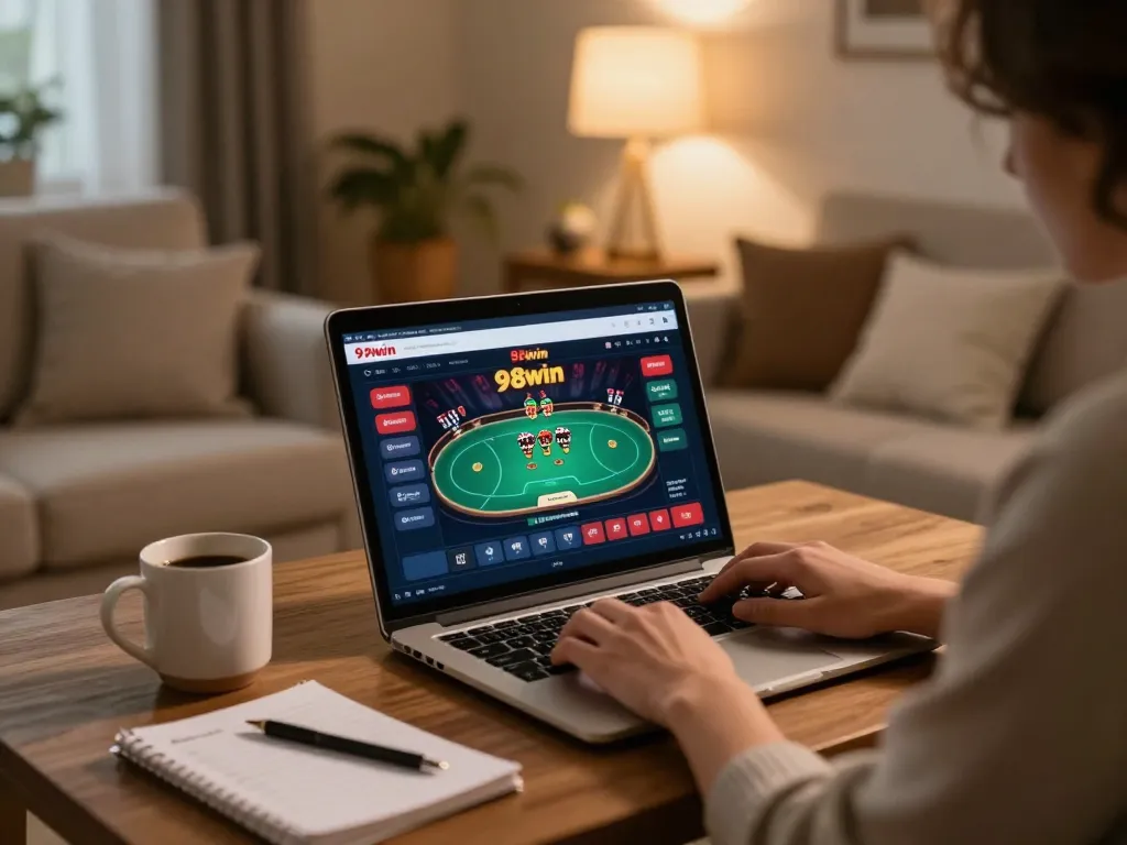 Player enjoying an online poker game on the 98win platform from a cozy home setup.