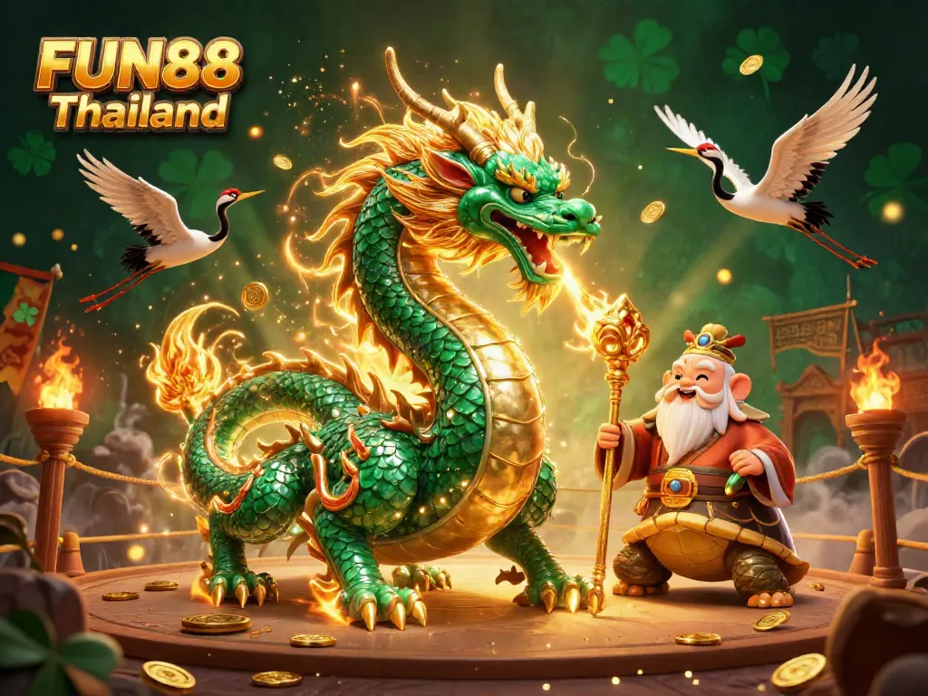Engage in thrilling bets at FUN88 Thailand with dynamic casino scenes featuring a jade dragon.