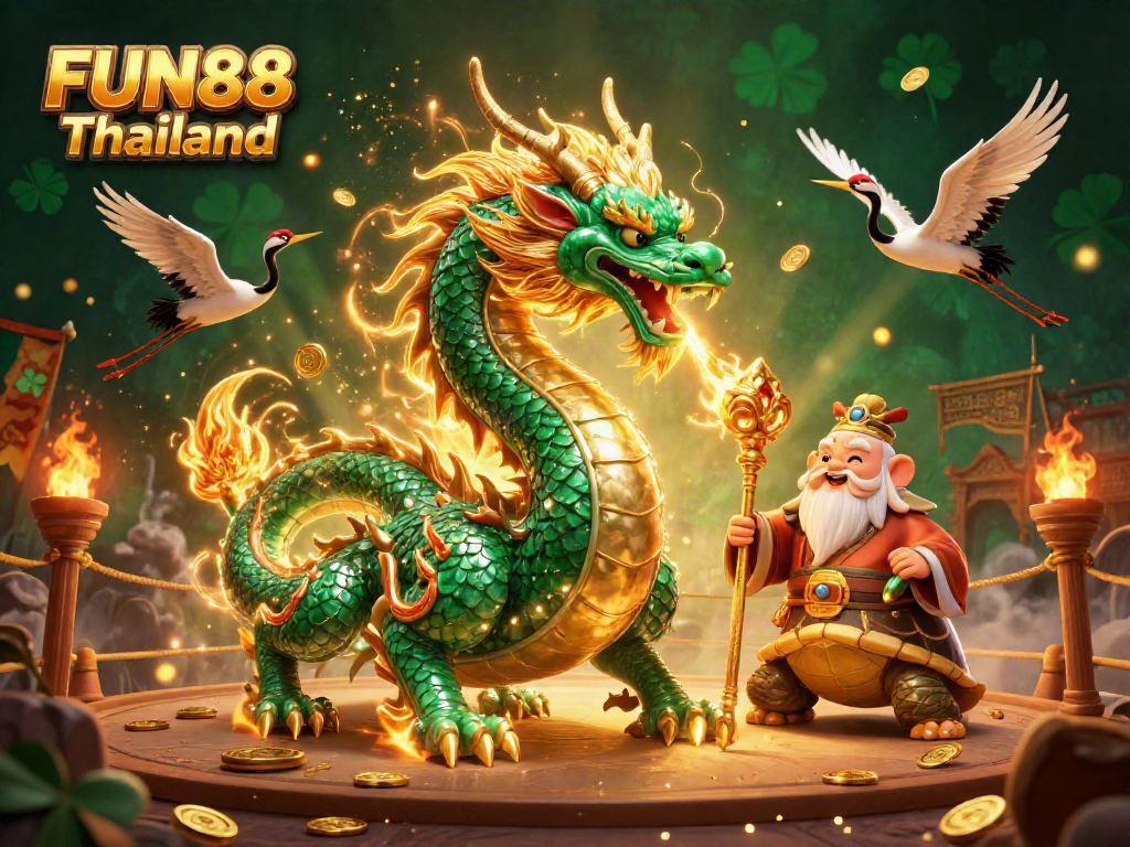Engage in thrilling bets at FUN88 Thailand with dynamic casino scenes featuring a jade dragon.