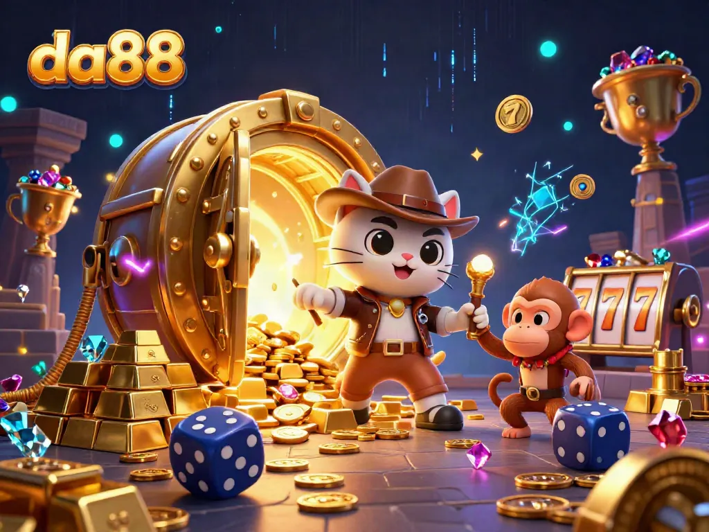 Engage in thrilling slot games at da88 with a cat explorer discovering golden casino treasures.