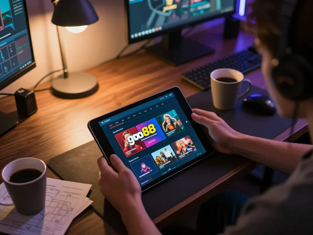 Person engaging with the go88 casino app on a tablet in a cozy home setting, showcasing online gambling enjoyment.