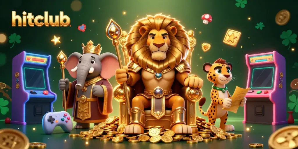 Hitclub unveils a casino-themed scene with a lion king, an elephant advisor, and a cheetah messenger, immersed in vibrant gaming elements.