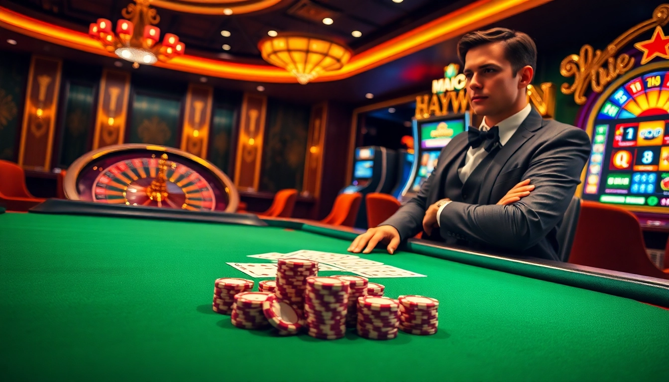 Haywin casino scene showcasing vibrant poker table action with chips and cards.