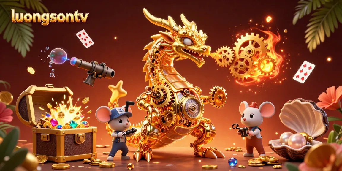 Experience thrilling action with luongsontv's dynamic gaming illustration featuring a golden dragon and treasure.