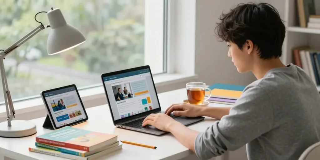 Student studying with laptop and books, reviewing khoahoc in a cozy home workspace