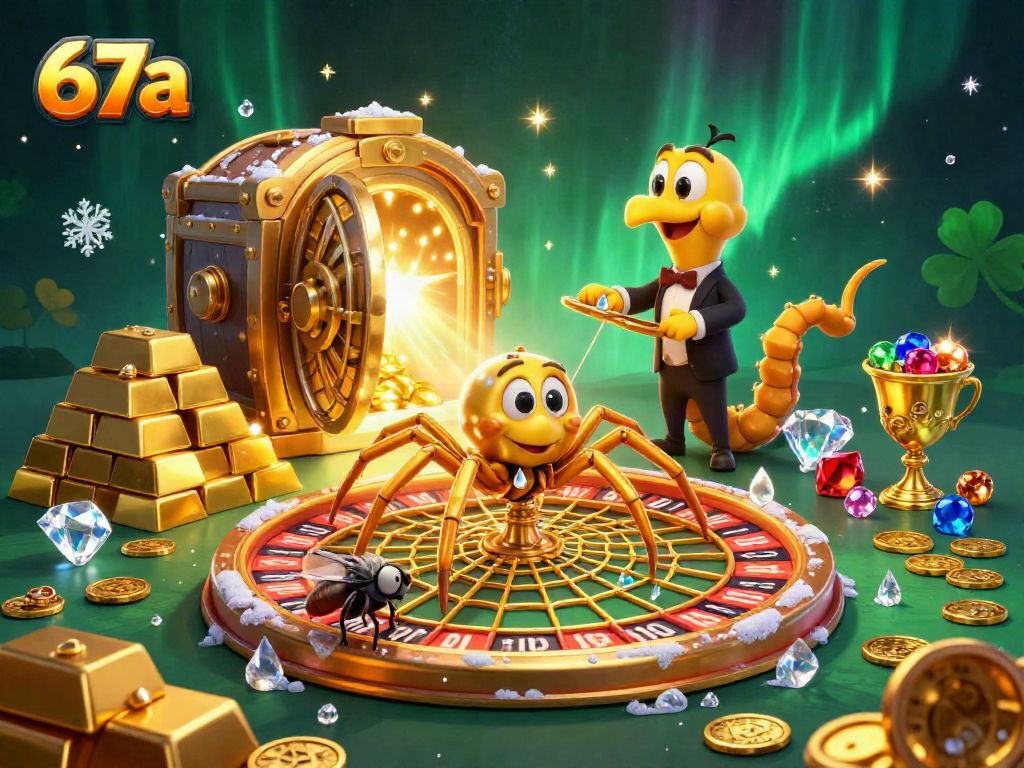 Experience thrilling bets with 67a's unique golden spider spinning a roulette wheel of fortune.