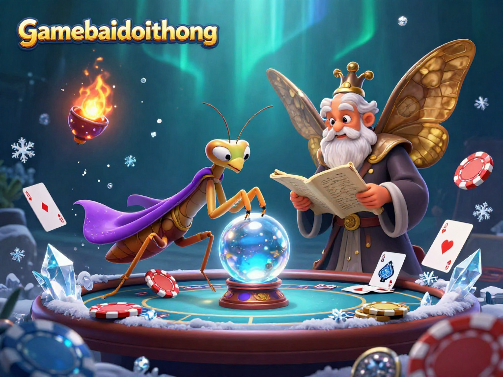 Engage with gamebaidoithuong's vibrant 3D poker scene featuring a fortune teller, a moth librarian, and magical elements.