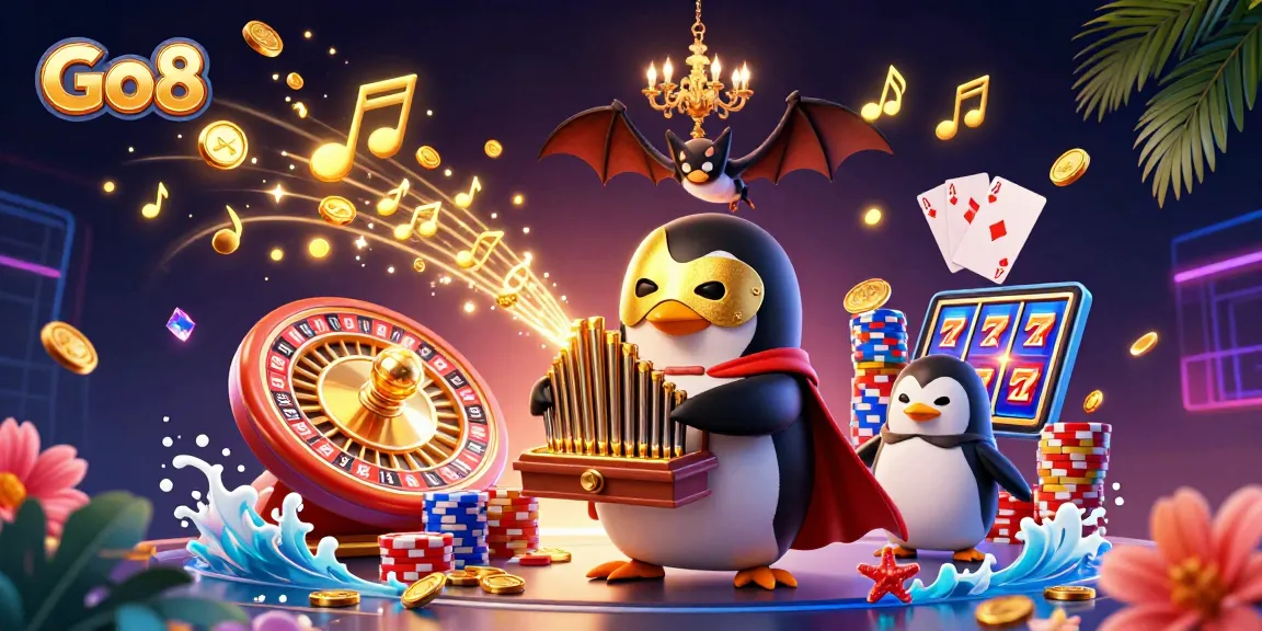 Experience exciting wins at Go8 with vibrant casino elements and a whimsical penguin playing fantastical music.