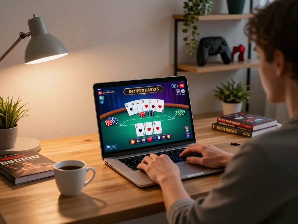 Player engaging with online poker at home, showcasing strategy and enjoyment with 88aa.
