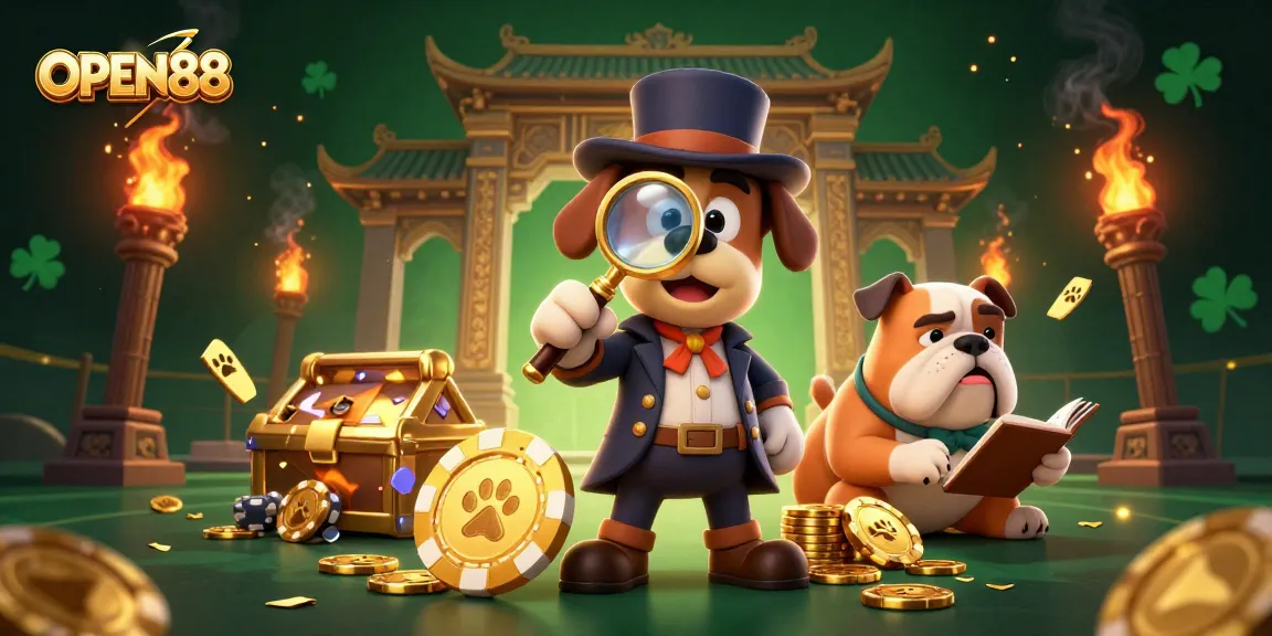 Investigate exciting trends at OPEN88 with a glamorous casino detective scene filled with treasures.