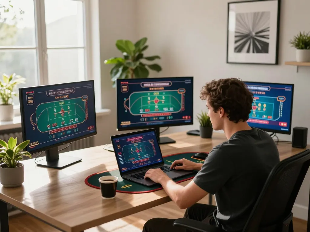 Surebetsg player enjoying live dealer blackjack at home with laptop and greenery.