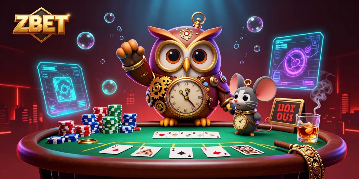 ZBET engages players at a vibrant poker table with animated characters and colorful chips.