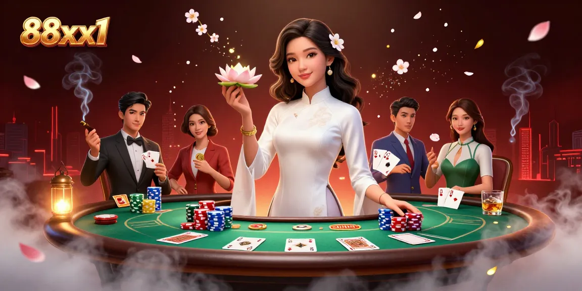 Engage with vibrant gameplay at 88xx1, featuring a serene Asian woman surrounded by poker elements.