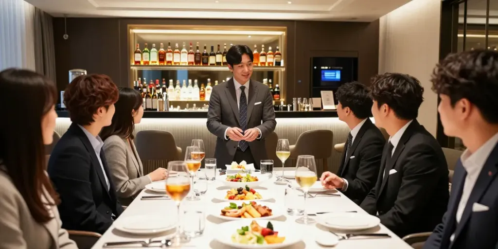 강남구구단 쩜오의 고급스러운 독립 룸 풍경, 모임을 위한 세련된 테이블 세팅과 음료가 담긴 잔들.