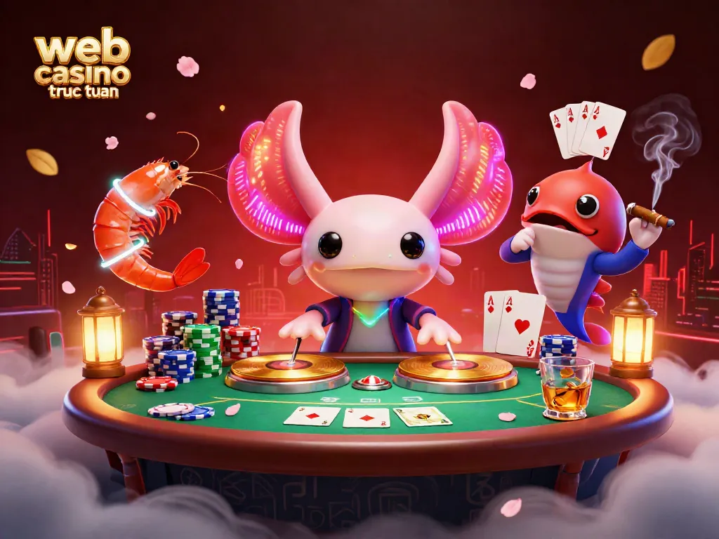 Tham gia chiến thắng trong web casino trực tuyến với DJ axolotl ánh neon và bộ bài poker hấp dẫn.