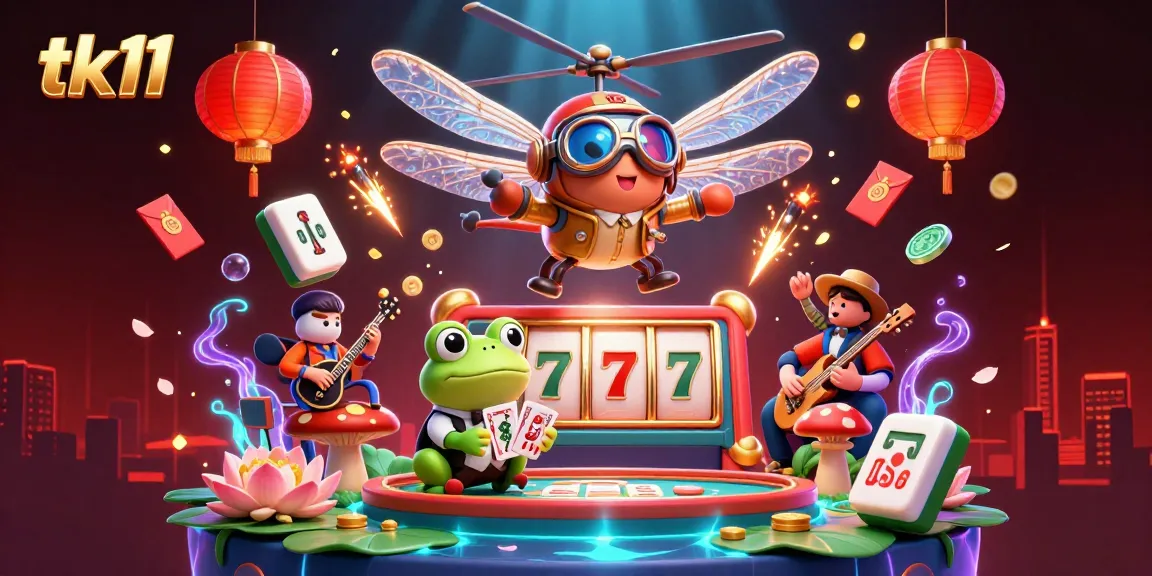 Experience exciting games at tk11 with a vibrant casino scene featuring unique characters and festive casino elements.